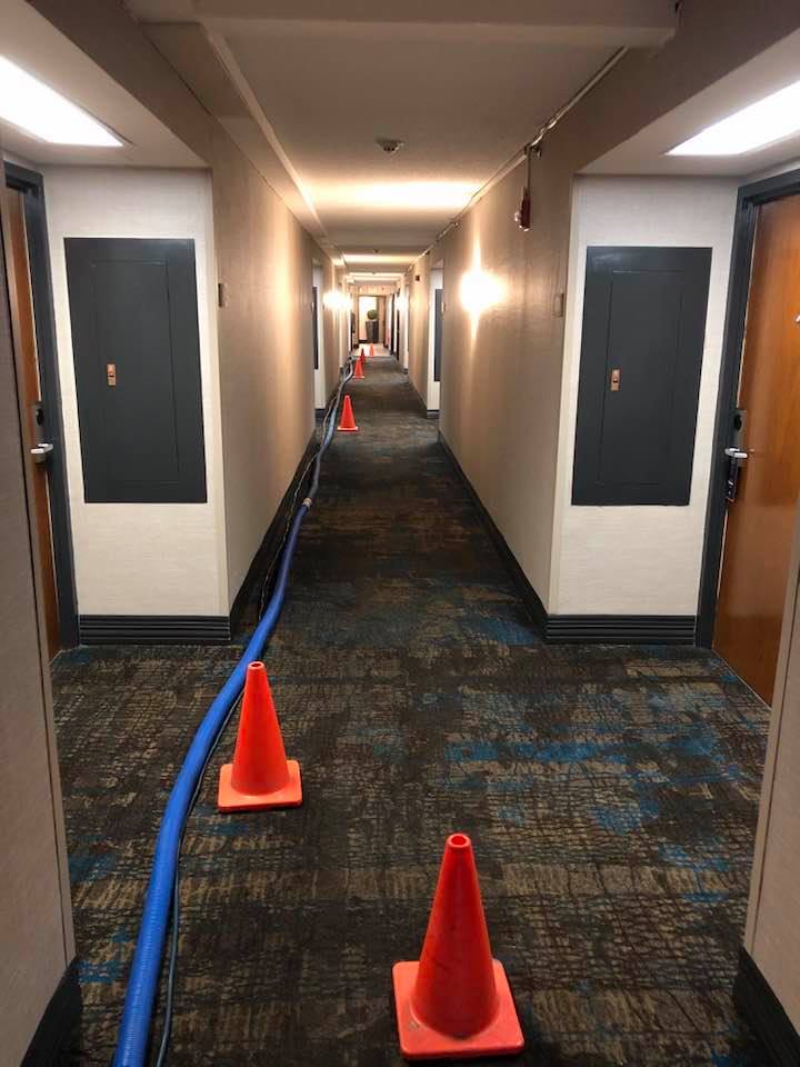 A long hallway with orange cones and blue hose